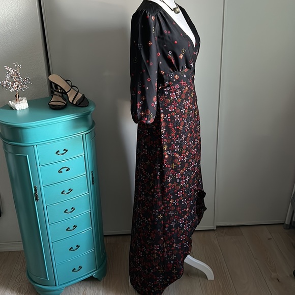 Express Women’s Floral Maxi Dress Striking High Low Surplice Faux Wrap V-Neck - Picture 11 of 13